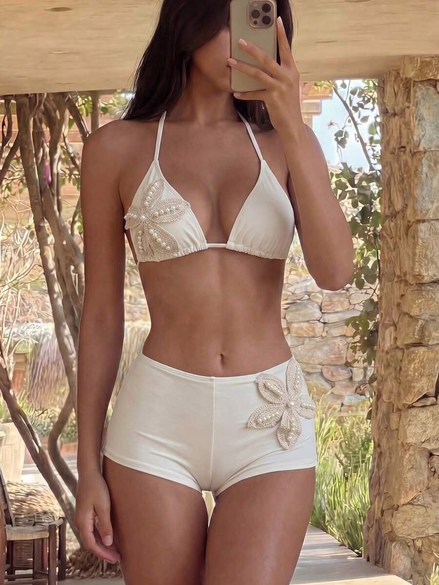 Bonvoyette 優雅白色貝殼花高腰短褲衝浪泳衣套裝,夏季海灘海邊派對度假泳裝套裝 - 杏色 - 查看 1