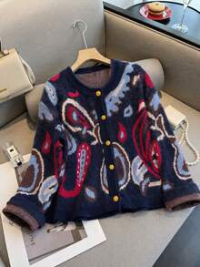 EMERY ROSE Plus-Size Fair Isle Knit Cardigan With Floral & Gemstone Pattern, Button-Front, Round Neck. Casual, - Blue - View 5