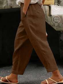 EMERY ROSE Plus Size Women's Casual Pure Cotton Solid Color Long Pants With Pockets And Button Closure - Brown - View 1