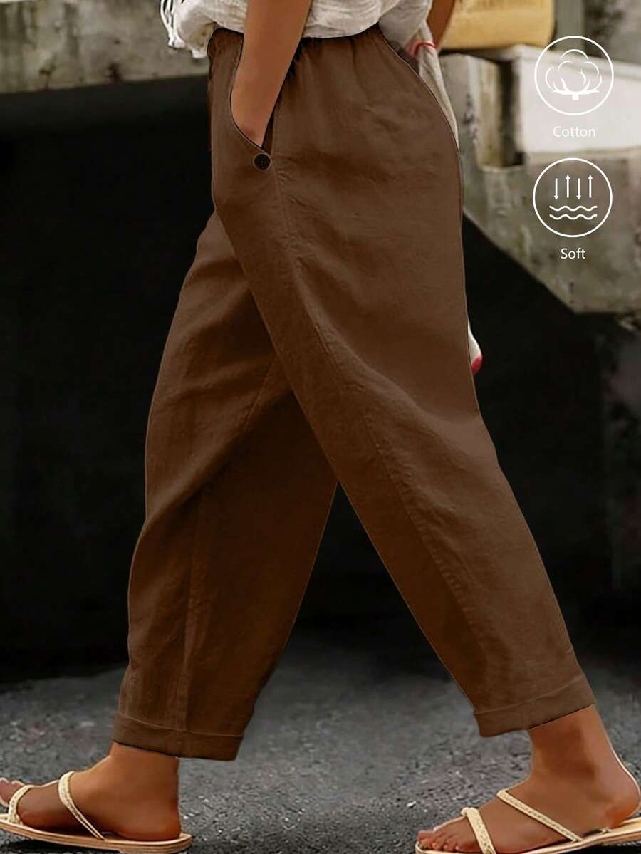 EMERY ROSE Plus Size Women's Casual Pure Cotton Solid Color Long Pants With Pockets And Button Closure - Brown - View 1