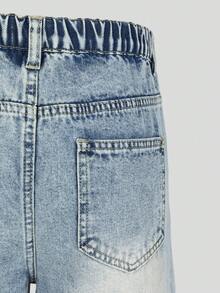 SHEIN Explorewe 女款牛仔短褲，秋季新品，休閒街頭風學院復古做舊藍灰色，彈性腰頭鈕扣門襟設計，寬鬆大腿褲管 - 中等水洗藍 - 查看 7