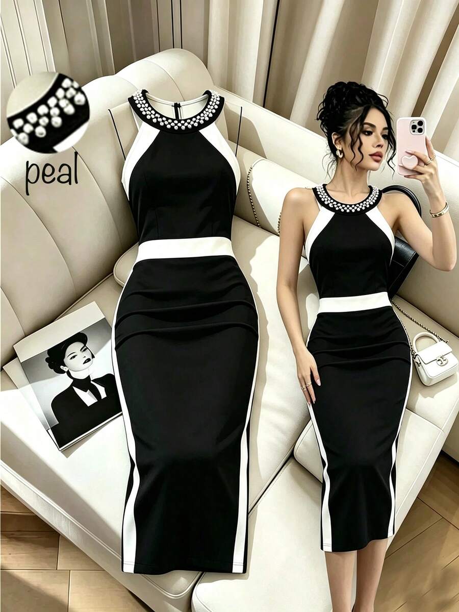 SHEIN Raffinéa Women's Faux Pearl Decor Colorblock Halter Neck Dress - Black and White - View 1