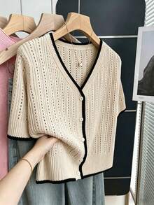 SHEIN Camel Color Contrast Black Trim Hollow Pattern Fashionable Minimalist Elegant Business Commute Old Money Style Spring Summer V-Neck Short Knit Cardigan Top For Women - Camel - View 5