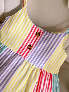 SHEIN Genkimix Kids 女童休閒極簡彩色多巴胺條紋拼接細肩帶蛋糕裙，夏季 - 彩色 - 查看 4