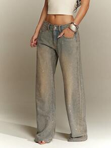 Denimoi Women's Fashion Washed Rhinestone Low Waist Jeans - Light Wash - View 6