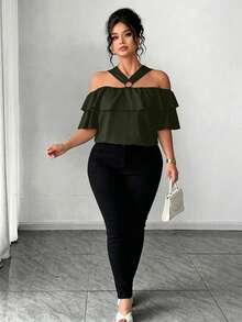 Elenzga Elegant Off-Shoulder Metal Decor Ring Ruffle Trim Square Neck Plus Size Blouse - Army Green - View 6