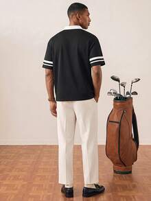 Tonviero Polo à imprimé slogan de couleur contrastée décontracté pour hommes, pull tricoté noir pour hommes, t-shirt noir d'été pour hommes, pull tricoté noir brodé pour hommes, chemise courte imprimée pour hommes, Top court ample brodé pour hommes - Multicolore - Voir 4