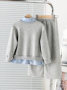 SHEIN 女童春秋長袖運動衫與運動長褲套裝，蝴蝶結與蕾絲飾邊裝飾上衣與褲子兩件套，條紋領口+下擺設計，適合休閒外出 - 灰色 - 查看 2