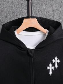 SHEIN 兒童 Bolty 十字玫瑰紋理帥氣龐克復古態度個性化大童男孩休閒衛衣，秋冬穿搭，亦適合夏季 - 黑色 - 查看 6