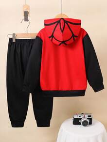 SHEIN 兒童男童 2件組 寬鬆休閒卡通蜘蛛圖案套頭連帽衛衣，舒適街頭風，適合秋冬，萬聖節蜘蛛網連帽衫，男孩秋季蜘蛛衛衣 - 彩色 - 查看 4