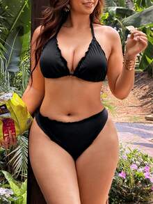 Swim Mod Women's Black Scalloped Edge Halter Triangle Bikini Set Back Tie + Side Tie Two-Piece Swimsuit Removable Padding Butt-Flattering Beach Summer - Black - View 7