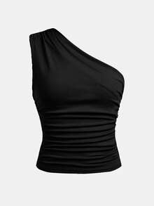 Girlism Baju Tank Top & Camisole 2pcs untuk Remaja Perempuan, Musim Semi/Panas, Warna Polos Baru, Model Kasual dengan Detail Kerut dan Garis Leher Asimetris, Cocok untuk Kembali ke Sekolah. - Blue and White - View 7