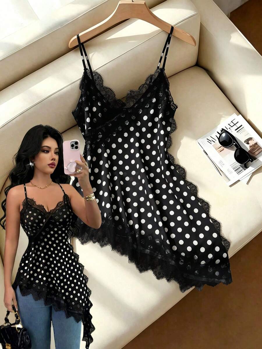 GlowEve Women's Fashion Polka Dot Deep V Lace Patchwork Asymmetrical Hem Elegant Camisole Tank Top, Suitable For Daily, Vacation, Outing, Party, Spring/Summer - Multicolor - View 1