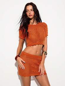 Nevyona Conjunto de 2 piezas de punto de unicolor elegante para mujer - Naranja Quemada - Ver 5