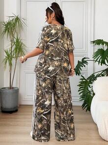 SHEIN EZwear 大尺碼女款枝條印花圓領上衣與寬腿褲休閒兩件套 - 彩色 - 查看 4