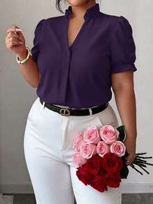 Elenzga Plus Size Elegant Commuter Solid Color Lapel Blouse - Purple - View 5