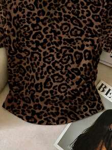 Kaos Remaja Perempuan Kasual Slim Fit Leher Bulat Lengan Pendek dengan Detail Kerut, Cocok untuk Musim Panas, Motif Leopard - MultiWarna - View 4
