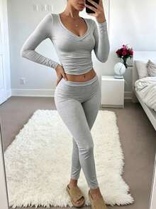 INAWLY Solva 2pcs Women's Solid Color Simple Daily Long Sleeve Top And Long Pants Set Fall Cloth For Women - Light Grey - View 4