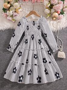 SHEIN Girls' Spring/Autumn New Square Neck Puff Long Sleeve Shirred Waist Multi-Layer Ruffle Hem French Style Gentle Sweet Beach Island Vacation Striped Floral Print Long Sleeve Dress For Picnic Camping Photography Versatile Outfit - Black and White - View 2