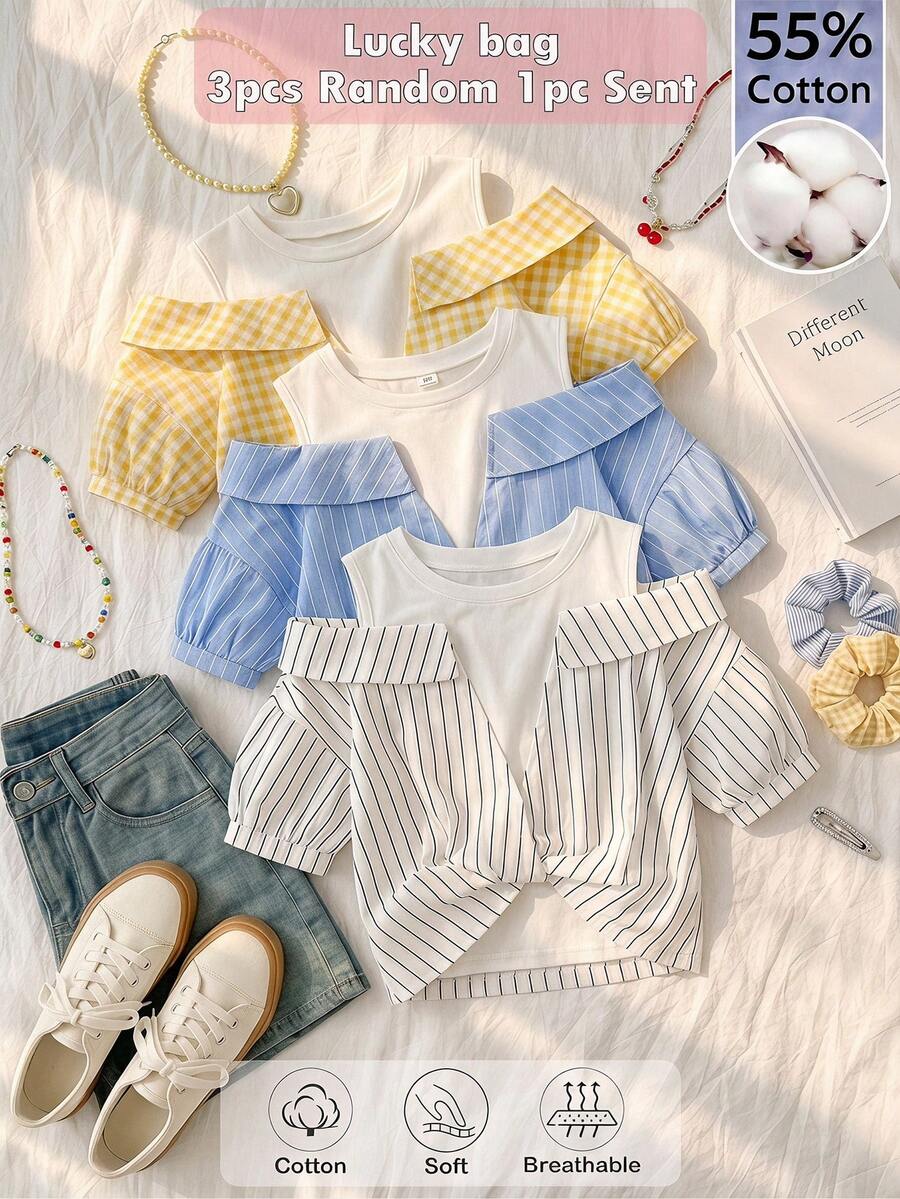 55%Cotton,Tween Girl Crew Neck 2 In 1 Patchwork Casual Versatile Daily Wear Shirt,Random 1pc Sent