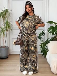 SHEIN EZwear 大尺碼女款枝條印花圓領上衣與寬腿褲休閒兩件套 - 彩色 - 查看 3