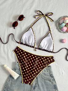 Swim Mod 女款波點印花掛脖綁帶露背兩件式泳衣套裝，適合夏季海灘度假 - 彩色 - 查看 2