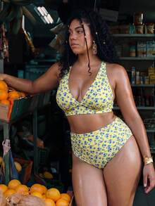 Swim Mod Plus Size Women 2-Piece Random Print Casual Swimsuit Set - Yellow - View 5
