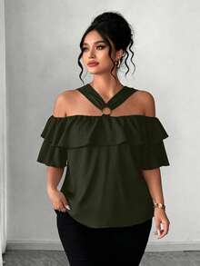 Elenzga Elegant Off-Shoulder Metal Decor Ring Ruffle Trim Square Neck Plus Size Blouse - Army Green - View 4