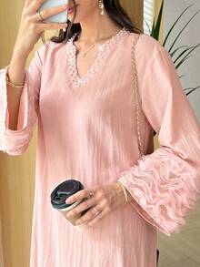 Yasmyna V-Neck Pearl Embellished Cuffs Patchwork Wavy Stripe 3D Floral Powder Pink Dress - Pink - View 3