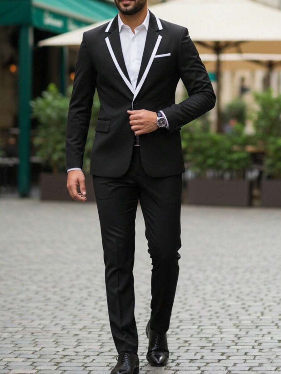 Manfinity Bizformal Men's Suit Blazer And Trousers Set, Spring/Summer Business Formal Contrast Collar Design, Ceremony - Black - View 1