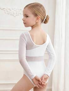 SHEIN Young Girls' Sports Mesh Panel Bodysuit, Mesh Patchwork, One-Piece Athletic Design, Solid, Knit, Fitted, Sportswear, Cardigan, Knitted, Vest, Collar - White - View 2