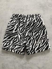 ROMWE MEN Men's Zebra Print Plush Fabric Loose Shorts - Black and White - View 2