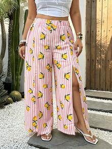 SHEIN LUNE CURVE Calça Plus Size Casual de Férias com Estampa de Limão Listrada e Fenda Alta para o Outono - Rosa chiclete - Visão 5