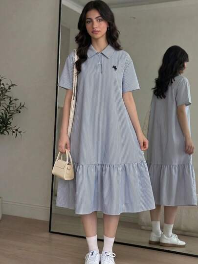 青少年女孩 Polo 領條紋短袖中長洋裝，適合青少年女孩穿著，適用於學校、戶外活動、購物，鈕扣洋裝