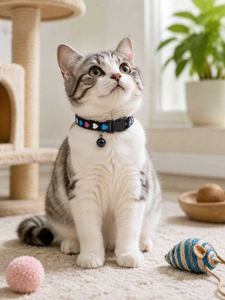 Cute Multicolor Heart Print Breakaway Cat Collar With Bell, Adjustable Nylon Safety Kitten Collar With Quick Release Buckle, Sweet Pet Neck Collar For Small Cats Daily Walking - Multicolor 5 - View 2