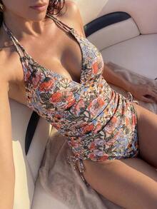 Swim Lushoire 女款夏季度假休閒海灘裝 熱帶花卉印花兩件式比基尼套裝 掛脖綁帶抽繩泳衣 - 彩色 - 查看 3