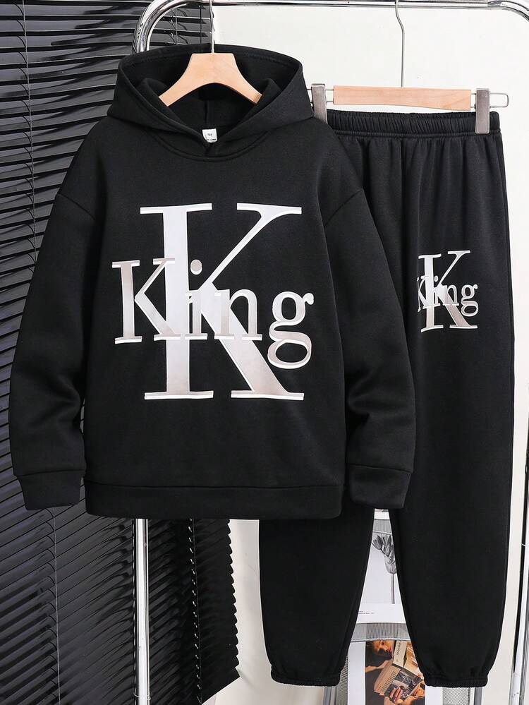 SHEIN Setelan Hoodie Lengan Panjang Minimalis Kasual Motif Huruf untuk Anak Laki-Laki Remaja, 2 Potong, Cocok untuk Pakaian Sehari-hari Musim Gugur/Dingin, Olahraga, Jalan-jalan, Sekolah, Pesta, Festival, Pemotretan - Hitam - View 1