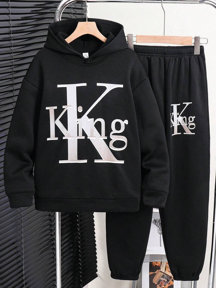 SHEIN 兒童 2 件組大童男孩休閒字母圖案簡約長袖連帽衛衣套裝，適合秋冬日常穿著、運動、外出、學校、派對、節慶、拍照