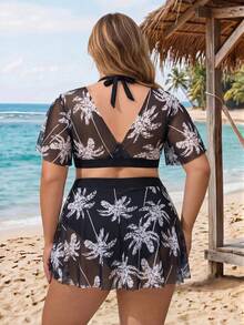 SHEIN CURVE+ Plus Size Women Deep V Palm Leaf Print Mesh 2 Pieces Swimsuit Beach Vacation Summer Tropical Safari - Black - View 2
