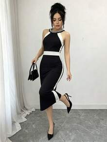 SHEIN Raffinéa Vestido de mujer con cuello halter, bloques de color y decoración de perlas falsas - Blanco y Negro - Ver 3