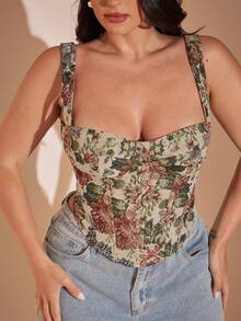 SHEIN BAE CURVE 大尺碼女款花卉印花 1920s 1950s 性感鄉村風掛毯上衣 心形領 束腰式 帶骨架肩帶 多彩圖案 米色 夏季外出穿搭 - 彩色 - 查看 1