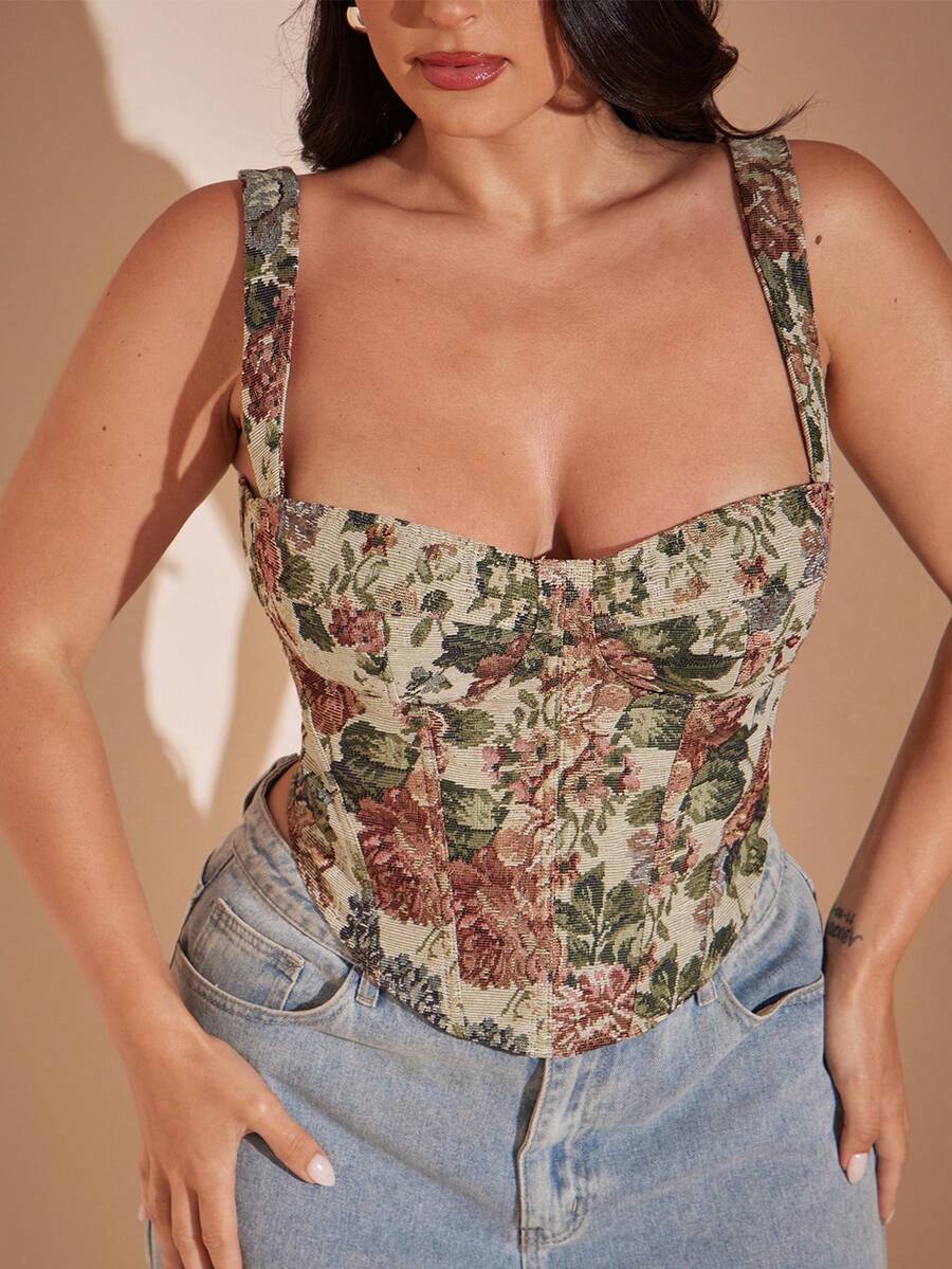 SHEIN BAE CURVE 大尺碼女款花卉印花 1920s 1950s 性感鄉村風掛毯上衣 心形領 束腰式 帶骨架肩帶 多彩圖案 米色 夏季外出穿搭 - 彩色 - 查看 1