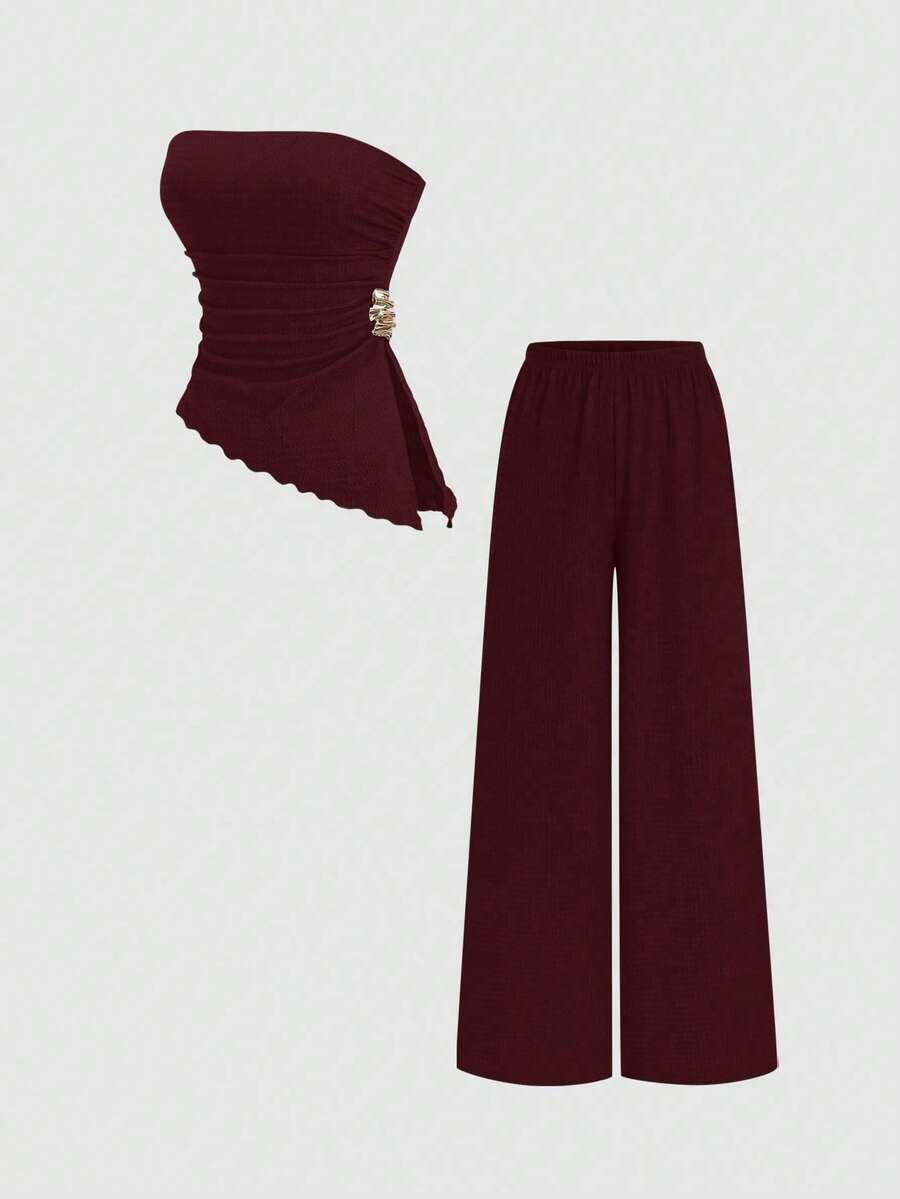 Sweetra Women's Solid Color Metal Decor Pleated Bandeau Top And Long Pants Casual Daily 2-Piece Set - Burgundy - View 1