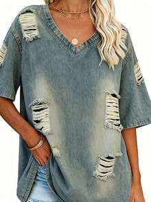 EMERY ROSE Women's Casual Distressed Round Neck Short Sleeve T-Shirt, Versatile For Daily Wear - Multicolor - View 3