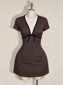 SHEIN ICON 大尺碼夏季休閒條紋修身洋裝 - 棕色 - 查看 6