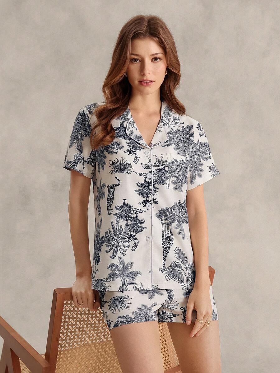 EverLounge 叢林印花翻領短袖睡衣 2 件組,休閒開襟外套與短褲家居服套裝 - 彩色 - 查看 1