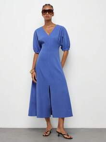 Maija Women's Solid Color V-Neck Batwing Short Sleeve Elegant French Matching Long Dress, Going Out Vacation Brunch Tea Party Outfits, Summer Cobalt Blue - Dusty Blue - View 7
