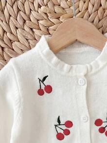 SHEIN 女嬰櫻桃印花單排扣休閒百搭日常外出開襟衫 - 白色 - 查看 5