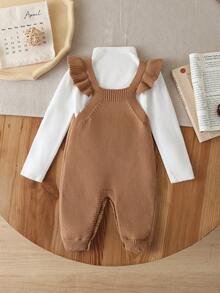 SHEIN Vintaside Kids 女嬰針織連身衣 春/秋款 卡通提花羅紋連身褲附吊帶，粉色可愛毛茸茸兔子設計，荷葉袖配荷葉邊袖口，嬰兒爬行服 - 卡其色 - 查看 2