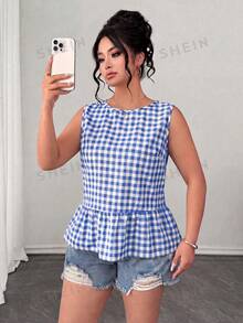 SHEIN Clasi 春夏清新格紋百搭無袖大尺碼女款上衣 - 藍色 - 查看 4